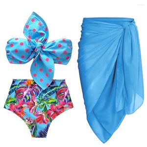 Women's Swimwear Sexy Blue Polka Dots Bikini Set With Skirt Printed High Waist Cover-ups Thong Bather Summerbeach Wear Backless Swimsuit