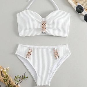 Kvinnors badkläder Bikini Set Sexig vit hög midja Push Up Women Ribbed Metal Ring Swimming Biquinis 2024 Mujer