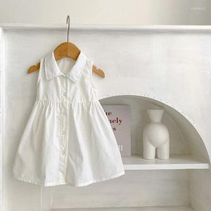 Mädchenkleider Kinder ärmelloses einreißiges Kleid Baby Koreanisch süße weiße lässige Alleinzugs-Prinzessin Rock Revers Solid Party