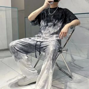 Mens Clothing Gradient Ice Silk Short-sleeved T-shirt Long Pants Summer Korean Loose Thin Suit Fashiona High Street Short Sets 240418