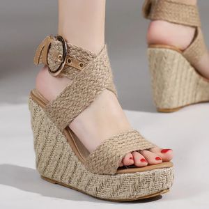 Large Summer Wedding Shoes Womens Sandals Platform Wedding Dress High Heel Beige Knitted Gladiator Flap Womens Comfortable 240425