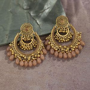 Dangle Earrings Vintage Women's Big Round Hollow Jewelry Gypsy Gold Plated Beads Tassel Wedding Jhumka Bohemia