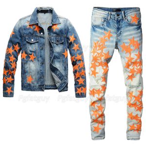 Kontrast färgdesign män 2 stycke uppsättningar vårstjärna patch denim jacka matchande stretch mager jeans mode smala ropa hombre 240428
