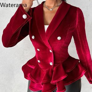 Women's Suits Waterarea Women Fashion Velvet Notched Collar Long Sleeve Cascading Ruffles Hem Double Breasted Blazer Tops