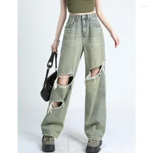 Kvinnors jeans vintage Green High midja Kvinnor förfallna American Fashion Streetwear Wide Leg Jean Female Trouser Straight Denim Pants