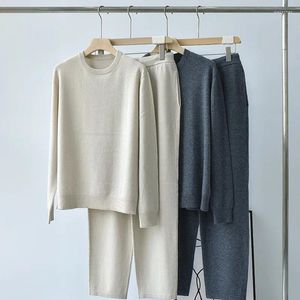 Women's Two Piece Pants Women Cashmere Knit Pieces Set Beading Chain O-neck Sweater And Elastic Waist Drawstring Long Female 2024 Autumn