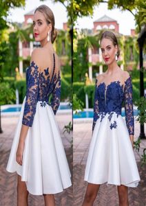 Koronkowe krótkie sukienki z domu 2020 Seryczne długie rękawy satynowe liniowe aplikacje formalne sukienki na imprezę z guzikami7384751