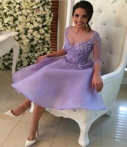 Lilac Lavender Beaded Homecoming Dresses Applique Lace A Line Mini 8th Graduation Gowns Long Sleeves Party Dress Sexy Illusion Pr6604956