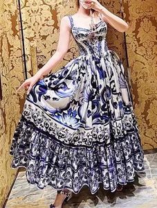 Jamerary Runway Summer Flower Midi Dress Women Strap Blue White Porcelain Elastictictop Vintage Long Dressos Sundress de praia 240425