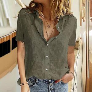 Kvinnors blusar 2024 Summer Elegant Cotton Linen Shirts Women Casual Solid Button Lapel Kort ärm Löst toppar Tunika