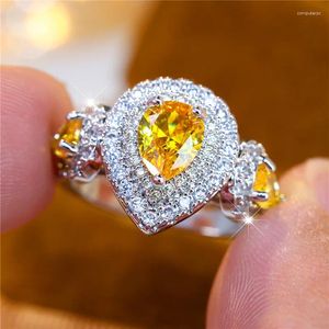 Wedding Rings Charm Female Yellow Water Drop Zircon Stone Engagement Ring Silver Color Summer Jewelry For Women