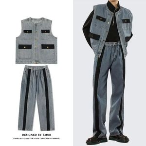 HOUZHOU Mens Sets Cargo Denim 2 Piece Outfits Male Patchwear Jeans Pants Vests Sleeveless Casual Korean Streetwear Hip Hop 240426