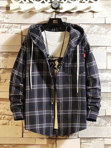 Japanese Hoody Casual Shirt Men Checked Long Sleeve Shirts trendy Leisure Single-breasted Plaid Hooded Tops Spring Autumn Outwear Blouse 2024 Male Clothes