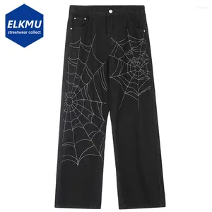 Men's Jeans Spiderweb Embroidery Baggy Streetwear Hip Hop Loose Straight Denim Pants Black Wide Leg Trousers