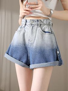 Jeans feminino gradiente casual shorts jeans de alojamento solto calças A-line 2024 Vestuário de moda coreano de verão