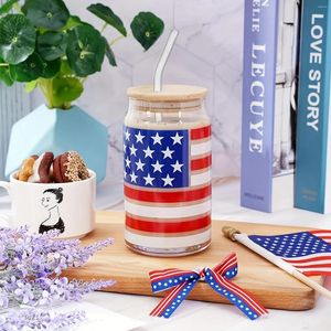 Wine Glasses 1pc Transparent Glass Red And Blue American Flag Iced Coffee Mug With Lid&Straw Gifts For 4th Of July Independence Day