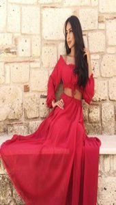 Vestidos de baile de duas peças Arábia Dubai Uma linha de chiffon Red Chiffon Manga Longa Vestidos de festa da noite 20168910003
