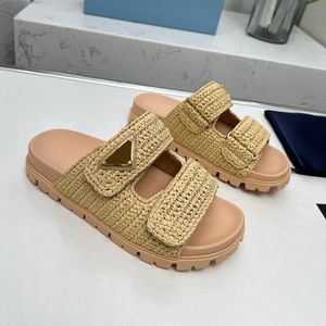 Womens Designer Slide Cedas de crochê lâminas de plataforma preta de tecido de sandália de palha de palha de palha de palha de palha de duas correias Piscina de praia de conforto plano {categoria}