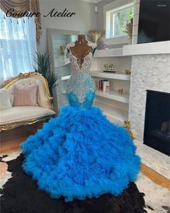Party Dresses Blue Tulle Ruched Train Crystals Prom 2024 för svarta flickor födelsedagsklänning mermiad afrikansk aftonklänning formell
