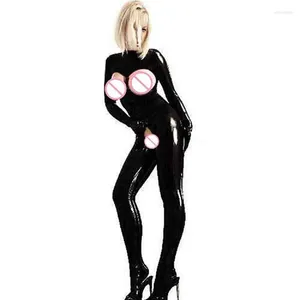 Catsuit kostümleri siyah ıslaklık deri lateks clubwear seksi açık sütyen kasıksız bodysuit iç çamaşırı femme fetiş esaret kablo demeti kostüm
