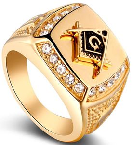 Hellegeringsguldpläterad fyrkantig ring Inset Simulerade diamanter Masoniska ring Men039S Ring Hip Hop Rings smycken för 8215518