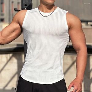 Herrtankstoppar 2024 Summer Men Vest Gym Top Fitness ärmlös skjorta manlig elastisk stripsports undertröja gym