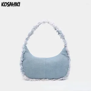 Hobo Patchwork Denim Fashion Ins Shoulder Bags Women Sweet Y2k Aesthetic Chic Simple Casual Vintage Fluffy Underarm Bag