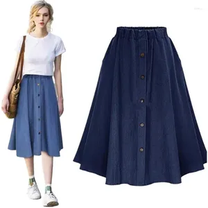 Kjolar preppy stil solid a-line denim kjol all-match casual lös hög elastisk midja vestido koreansk mode midi