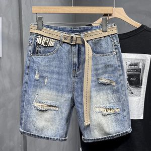 2024 Alongamento de verão Retirado jeans masculino, incluindo Belt Fashion Casual Hip Hop Denim Shorts Male Streetwear 240428