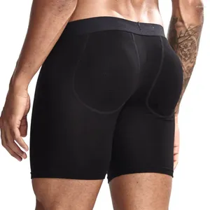 Underpants Jockmail Long Boxer Men Underwear Men's Butt-Enhancing Padded Trunk Removable Pad Of BuLifter And Enlarge Package Pouch Black