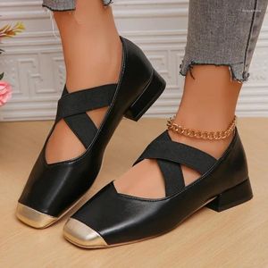 Casual Shoes 2024 Spring Slip on Retro Women's Cross Strap Single Shoe Ladies Gold Sqaure Toe Low Heel Pumps Female Mary Janes