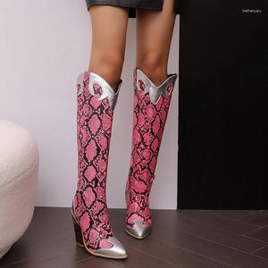 Boots Women Western Knee High Cowboy Patchwork Cutout Wedges Shoes Cowgirls 2024 Winter Wide Calf US Storlek 4.5-14