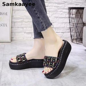Slippers Size 34-40 Women Summer Female Sandals Wedges Crystal Shoes Peep Toe Slides Thick Bottom Mujer 6cm High Heels Footwear
