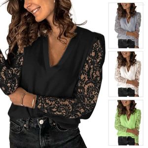 Camisetas femininas Mulheres Sexy Deep V pescoço Hollow Out Lace Manga Bottoming Blouse Plus Tamanho