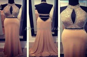 Zwei Stücke Schlüsselloch Abendkleider hoher Nacken sexy Rückenless Säule Langes Sweep -Zug Perlen Perlen formelle Prom -Kleider -Party Gown3097590