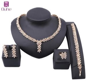 Leaf Shape Dangle Drop Party Crystal Wedding Earring Necklace Bracelet Ring African Nigerian Gold Color Jewelry Set for Brides2994797