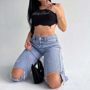 Tanques femininos Spice Girl Goth Hip Hop Street Ins Style Casual Casual Top Top Wavy Edge Irregular Crop Sexy Slim Letter Drill Small Colet