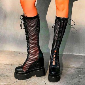 Boots Women's Cow Leather Knee High Sandals Platform Wedge Heel Punk Creepers Party Shoes 34 35 36 37 38 39