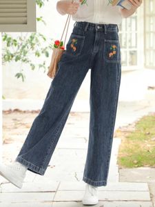 Jeans femminile donne antage antage pantalone tasche a vita alta ricamo fiore di fiori casual primaverilo autunno abbigliamento in stile preppy match