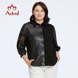 Astrid Womens Shirt 2023 Långärmning Skuren ut plu -storlek PU -läder Toppkvinna Kläder Fashion Stitching Design Kvinnlig tee 240419