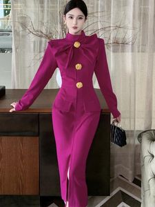Casual Dresses Korea Retro Elegant Bow Stand Collar Single Breasted Dress A-line långärmad hög midja Kvinnor Spring Autumn