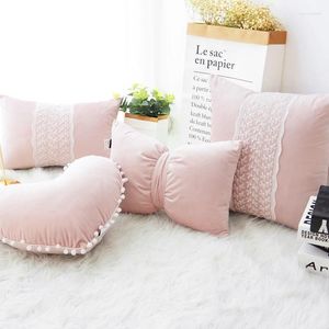 Pillow Pink For Girl's Room Korean Princess Lumbar Pillows Velvet Seat S Sofa Bed Pompom Living Decor