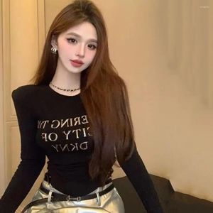 Women's T Shirts Spring Summer All-Match Shirt For Women Casual Letter Printed Long Sleeves Slim Fit Tees Ladies Black White Cropped Tops