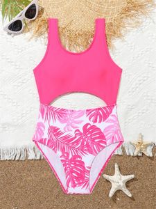 Frauen Badebekleidung Ein Stück Mädchen Kinder Badeanzug 2024 Pink Print Sling Bikinis Set Kinder Sommer Hollow Out Beach Wear Badeanzug