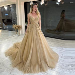 Festklänningar Sevintage Champagne Tulle Prom Applices spetsblommor älskling a-line veck Ruched aftonklänning bröllopsklänning