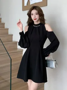 Casual Dresses Black High Waist Off Shoulder Halter Bandage Mini For Women Elegant Korean Long Sleeve A-line Party Bodycon Dress Autumn