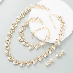 Necklace Earrings Set Luxury Imitation Pearl Beaded Earring Bracelet For Women Exquisite Wedding Bride Crystal Party Accesories