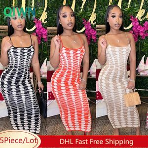 Lässige Kleider 5pcs Bulk Großhandel Druck Maxi Frauen sexy ärmellose Spaghetti -Strap Bodycon Summer Female Party Clubwear Rock