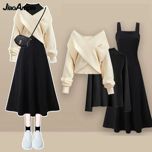 Herbst/Winter koreanische elegante passende Set Womens Fashion Cross Strick Sweaterbottom Shirt Strap Kleid dreiteiliger Anzug 240418