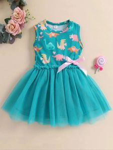 Summer 15 Years Little Girl Princess Dress Clothing Baby Sleeveless Dinosaur Print Mesh For Kids Party 240428